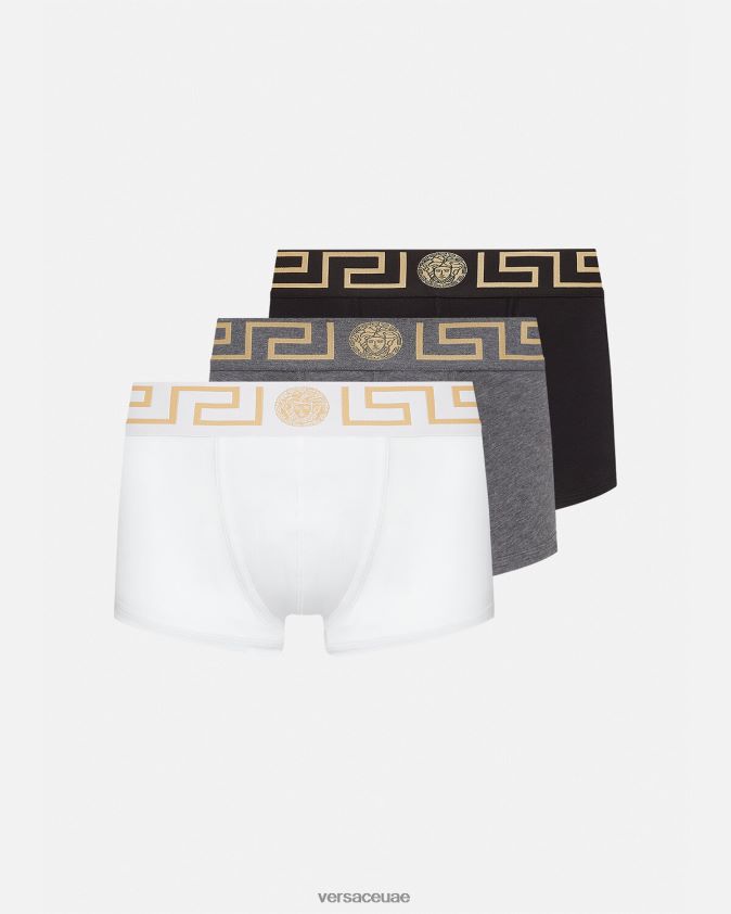 رجال جذوع الحدود اليونانية 3-حزمة Versace الأبيض والأسود والرمادي 0FVD2J1751 الملابس الداخلية وملابس البحر