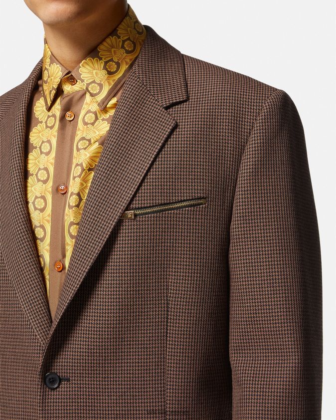 رجال بليزر باروكو 660 بنقشة هاوندزتوث Versace البني والذهبي 0FVD2J1279 ملابس