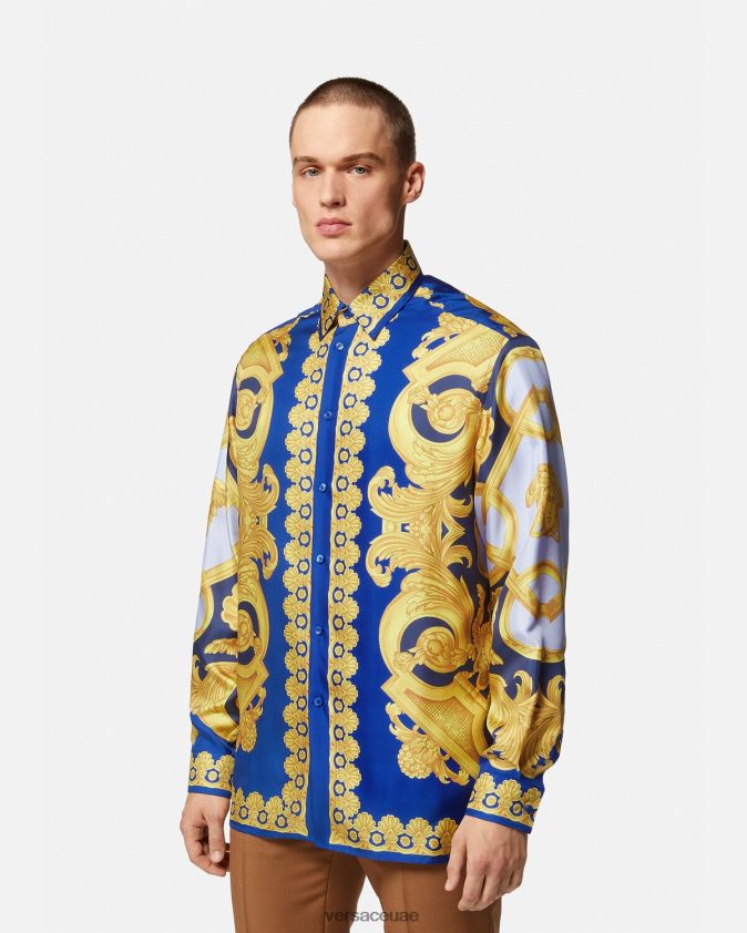 رجال قميص باروكو 660 الحريري Versace الأزرق والذهبي 0FVD2J1318 ملابس