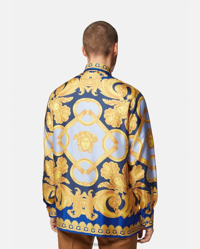 رجال قميص باروكو 660 الحريري Versace الأزرق والذهبي 0FVD2J1318 ملابس