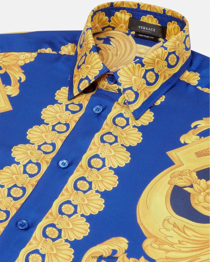 رجال قميص باروكو 660 الحريري Versace الأزرق والذهبي 0FVD2J1318 ملابس