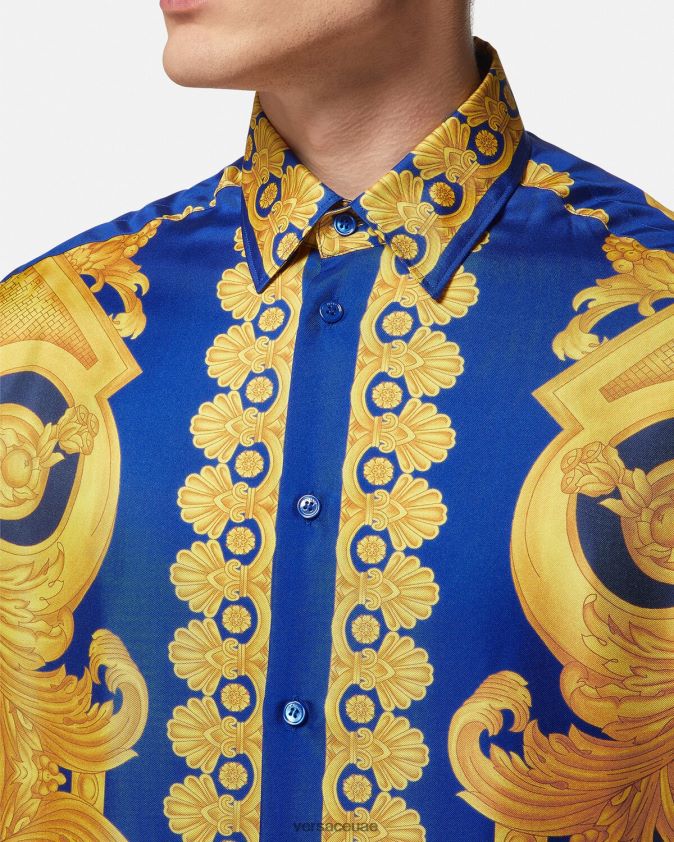 رجال قميص باروكو 660 الحريري Versace الأزرق والذهبي 0FVD2J1318 ملابس