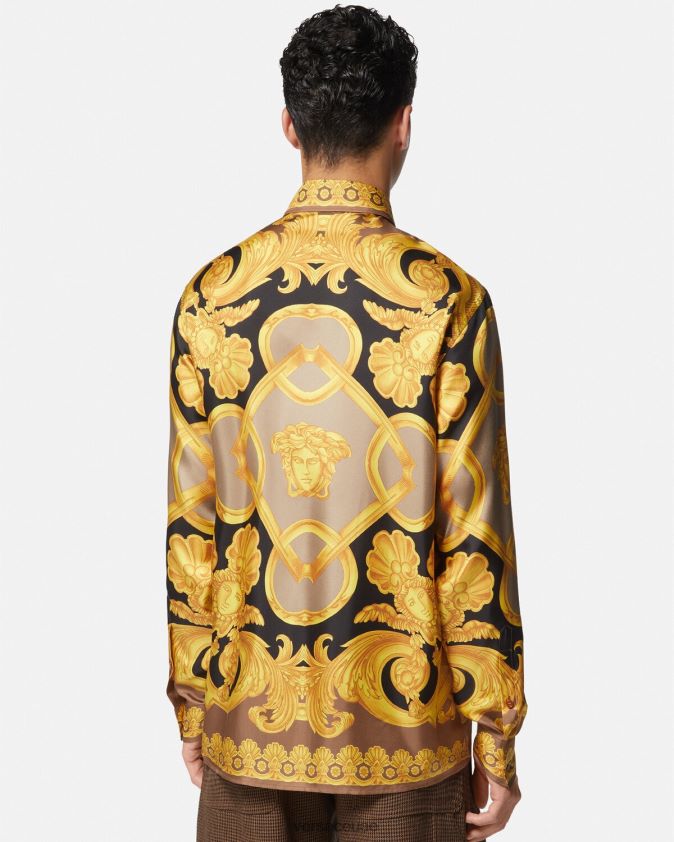 رجال قميص باروكو 660 الحريري Versace البني والذهبي 0FVD2J1320 ملابس