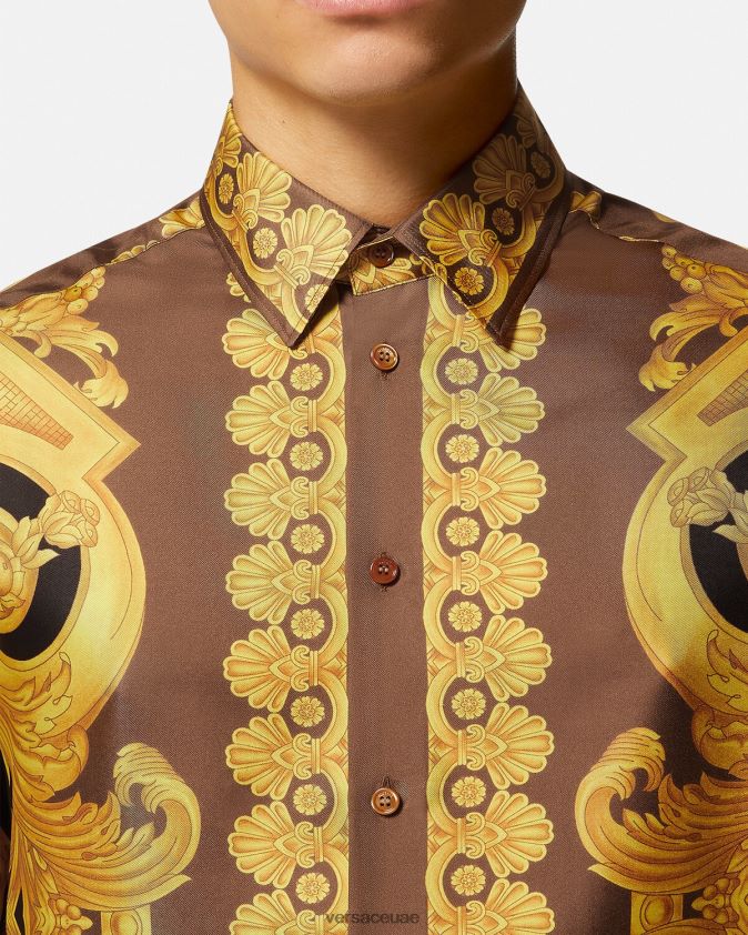 رجال قميص باروكو 660 الحريري Versace البني والذهبي 0FVD2J1320 ملابس