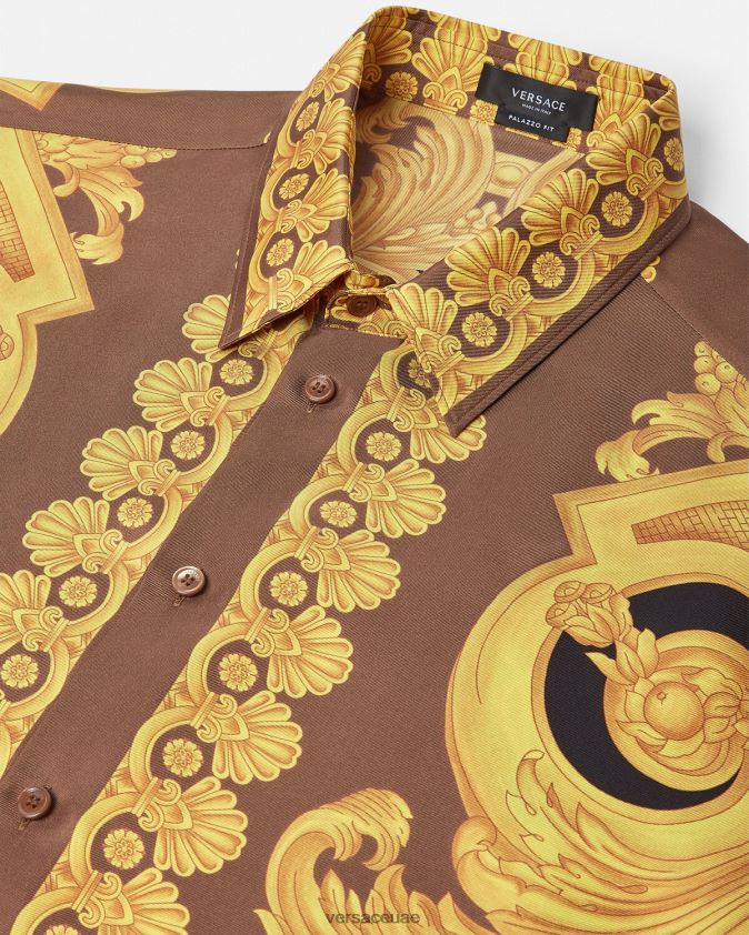 رجال قميص باروكو 660 الحريري Versace البني والذهبي 0FVD2J1320 ملابس