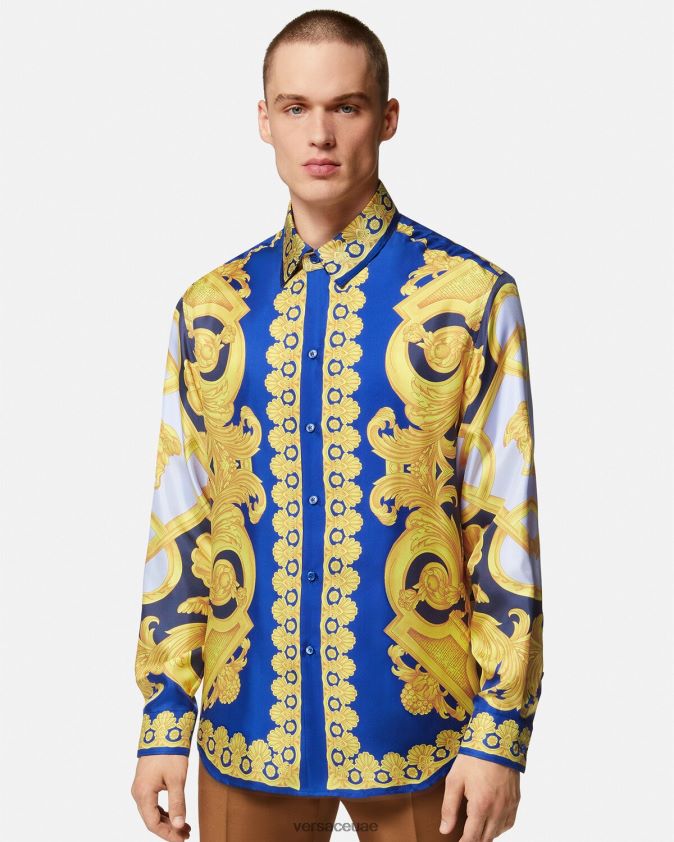 رجال قميص باروكو 660 قطن Versace الأزرق والذهبي 0FVD2J1321 ملابس