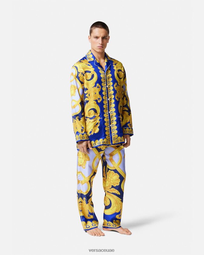 رجال باروكو 660 بيجامة حريرية Versace الأزرق والذهبي 0FVD2J1739 الملابس الداخلية وملابس البحر