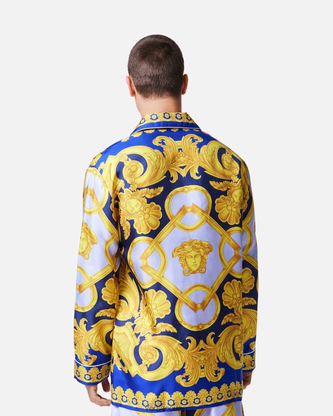 رجال باروكو 660 بيجامة حريرية Versace الأزرق والذهبي 0FVD2J1739 الملابس الداخلية وملابس البحر