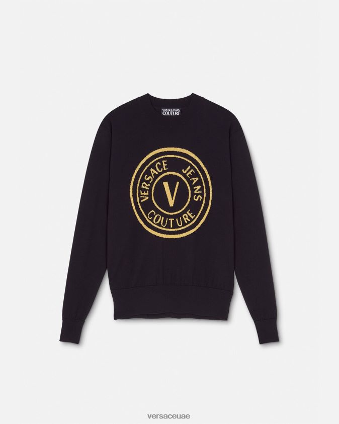 رجال سترة صوف متماسكة بشعار على شكل حرف V Versace أسود وطباعة 0FVD2J2434 ملابس