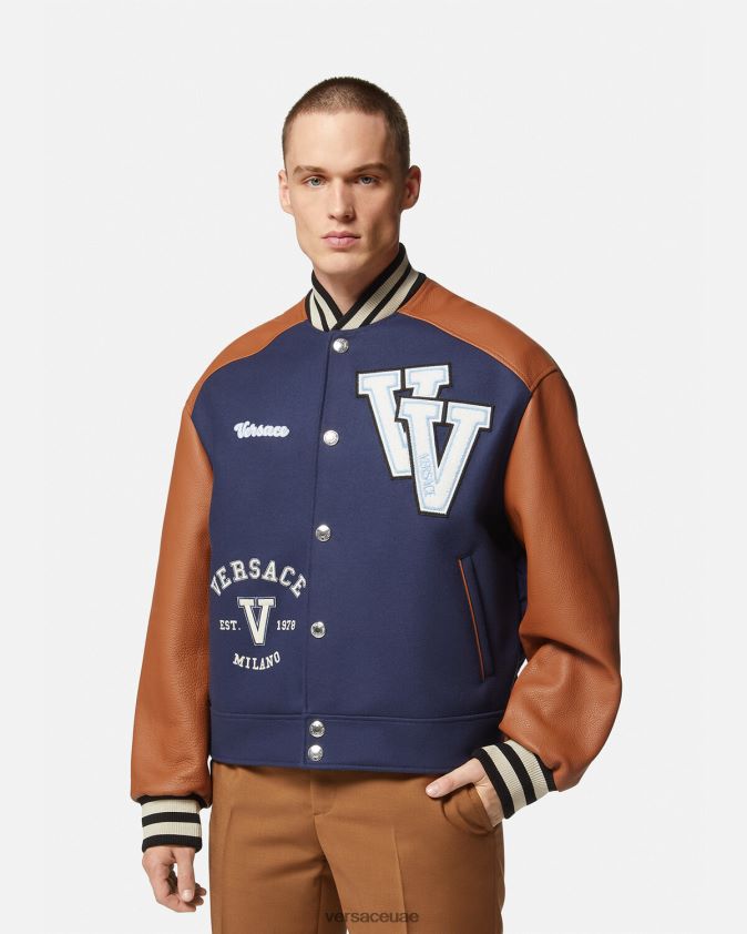 رجال سترة بومبر بشعار فارسيتي Versace الأزرق والبني 0FVD2J1257 ملابس