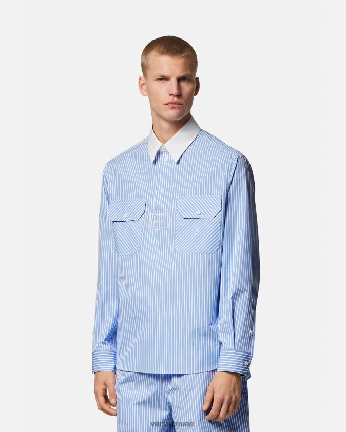 رجال قميص مخطط الشعار Versace أزرق فاتح 0FVD2J1295 ملابس