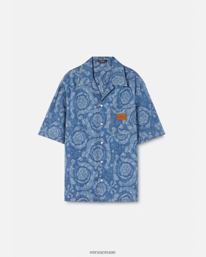 رجال قميص الدنيم صورة ظلية الباروك Versace الأزرق والطباعة 0FVD2J1298 ملابس