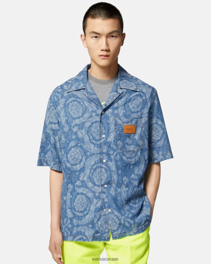 رجال قميص الدنيم صورة ظلية الباروك Versace الأزرق والطباعة 0FVD2J1298 ملابس
