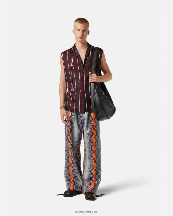 رجال قميص حرير مخطط بلا أكمام Versace الأحمر والرمادي 0FVD2J1303 ملابس
