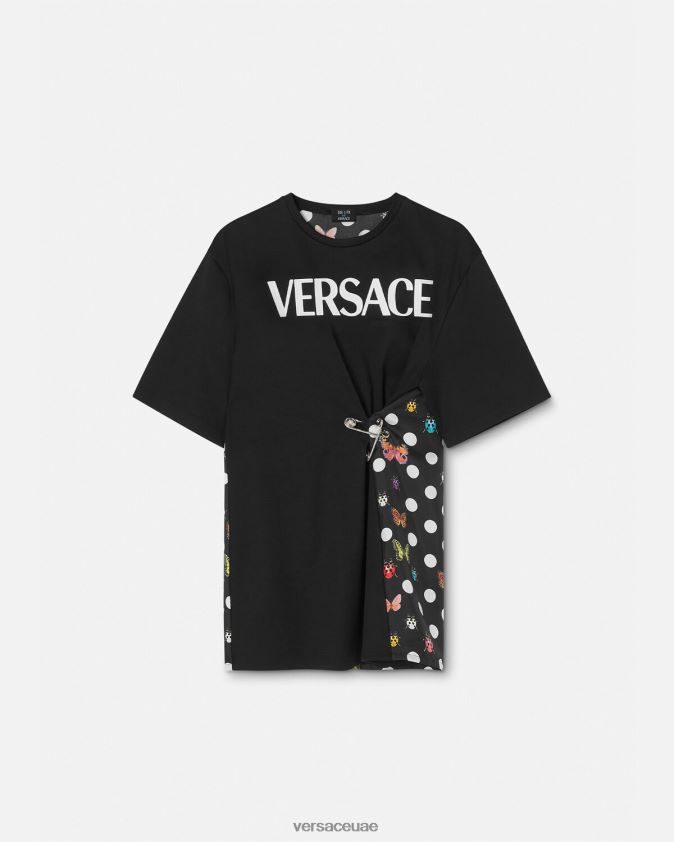 نحيف تي شيرت بشعار دبوس الأمان على شكل فراشات Versace الأسود والبرتقالي والأحمر 0FVD2J131 ملابس