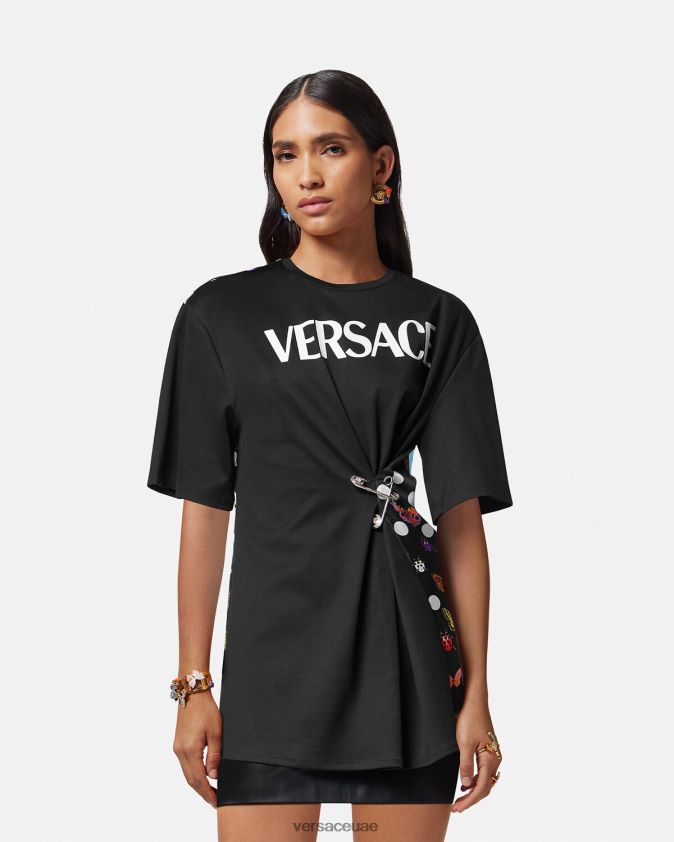 نحيف تي شيرت بشعار دبوس الأمان على شكل فراشات Versace الأسود والبرتقالي والأحمر 0FVD2J131 ملابس