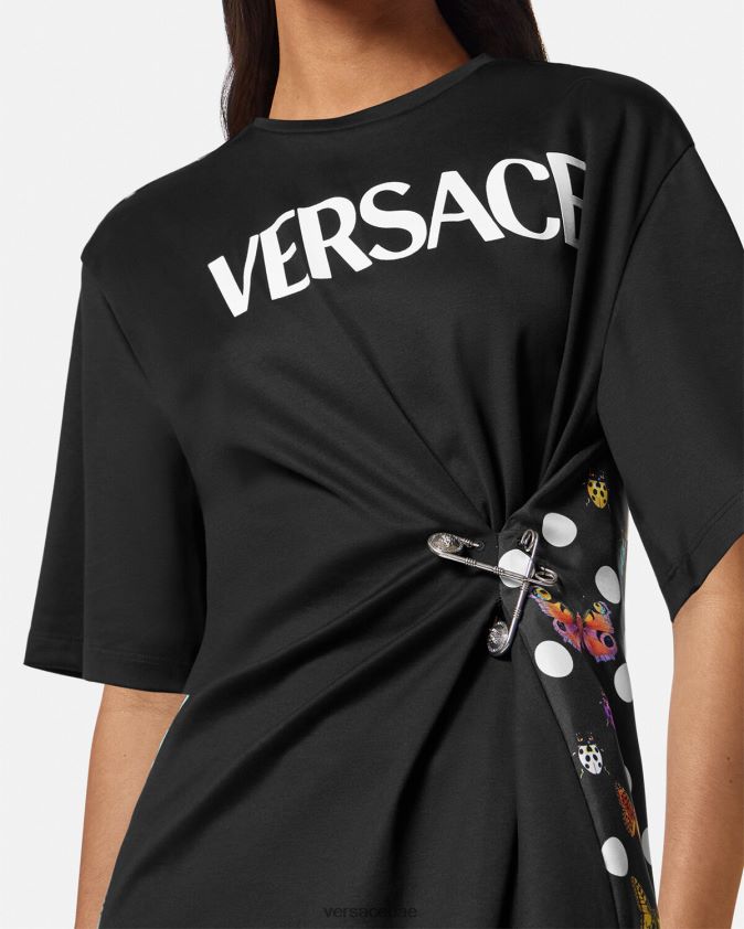 نحيف تي شيرت بشعار دبوس الأمان على شكل فراشات Versace الأسود والبرتقالي والأحمر 0FVD2J131 ملابس