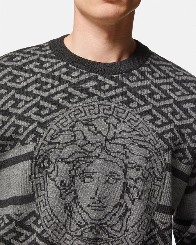 رجال سترة جاكار لا غريكا ميدوسا Versace أسود رمادي 0FVD2J1339 ملابس