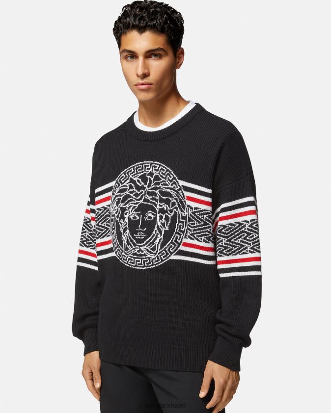 رجال سترة جاكار مخططة بنقش ميدوسا Versace أسود 0FVD2J1344 ملابس