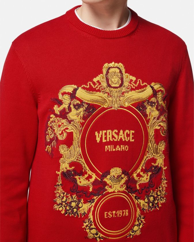 رجال سترة مطرزة بإنتارسيا الباروك Versace أحمر 0FVD2J1345 ملابس