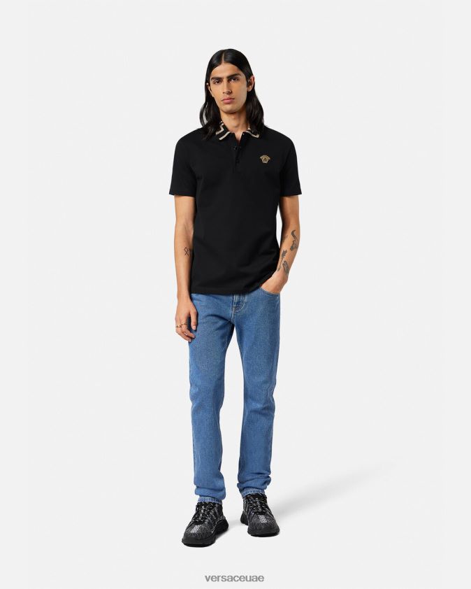رجال قميص بولو يوناني بأكمام قصيرة Versace أسود 0FVD2J1375 ملابس