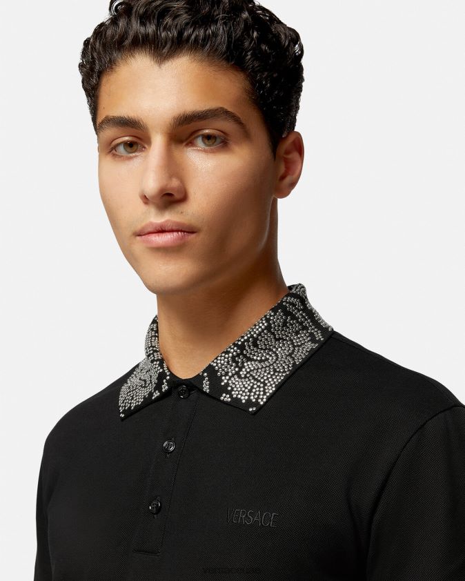 رجال قميص بولو مرصع بأكمام قصيرة Versace أسود 0FVD2J1391 ملابس