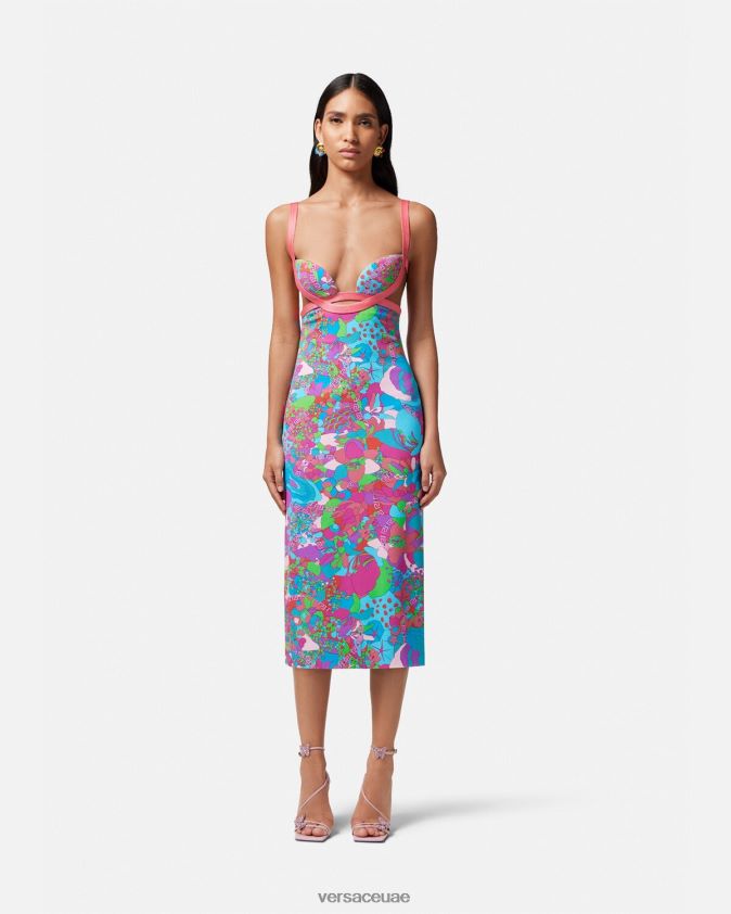 نحيف فستان ميدي بفتحات صيفية مزهرة Versace مطبعة 0FVD2J13 ملابس