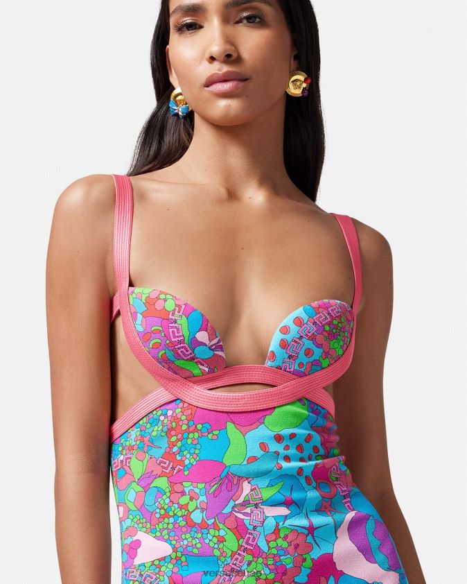 نحيف فستان ميدي بفتحات صيفية مزهرة Versace مطبعة 0FVD2J13 ملابس