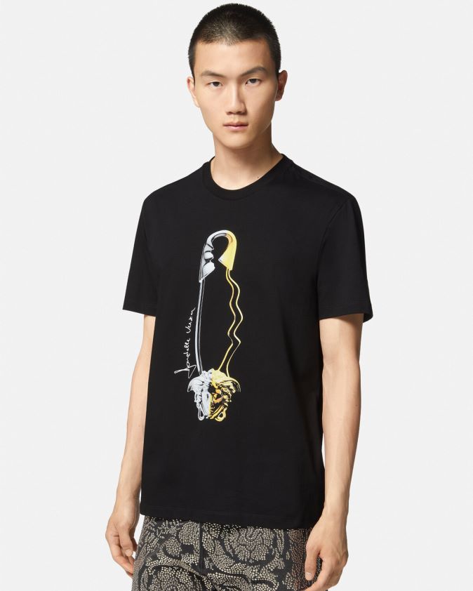 رجال تي شيرت برسومات دبوس الأمان Versace أسود 0FVD2J1400 ملابس