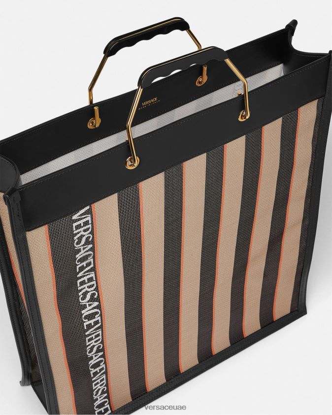 رجال حقيبة تسوق مخططة Versace أسود وبيج 0FVD2J1510 أكياس