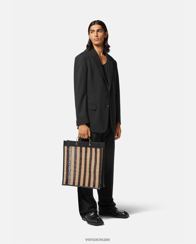 رجال حقيبة تسوق مخططة Versace أسود وبيج 0FVD2J1510 أكياس