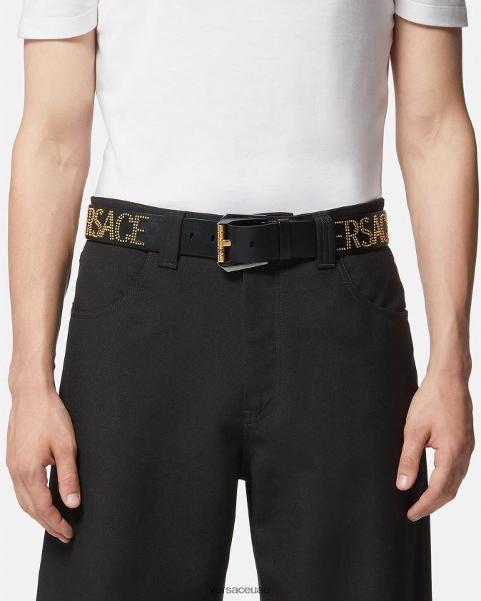 رجال حزام جلدي مرصع بالشعار Versace الذهب الأسود 0FVD2J1627 مُكَمِّلات