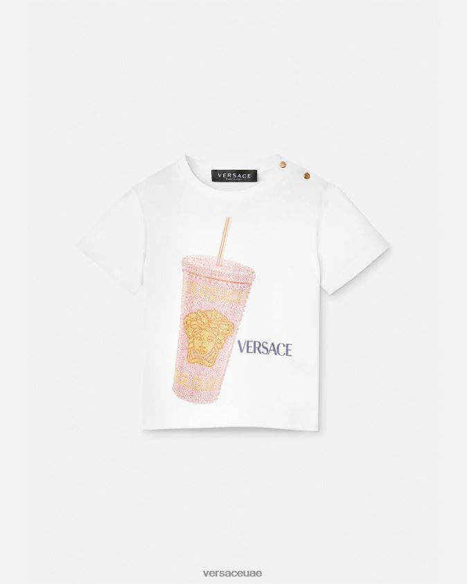 أطفال تي شيرت للأطفال على شكل كوب سفر Versace الأبيض والطباعة 0FVD2J1924 ملابس