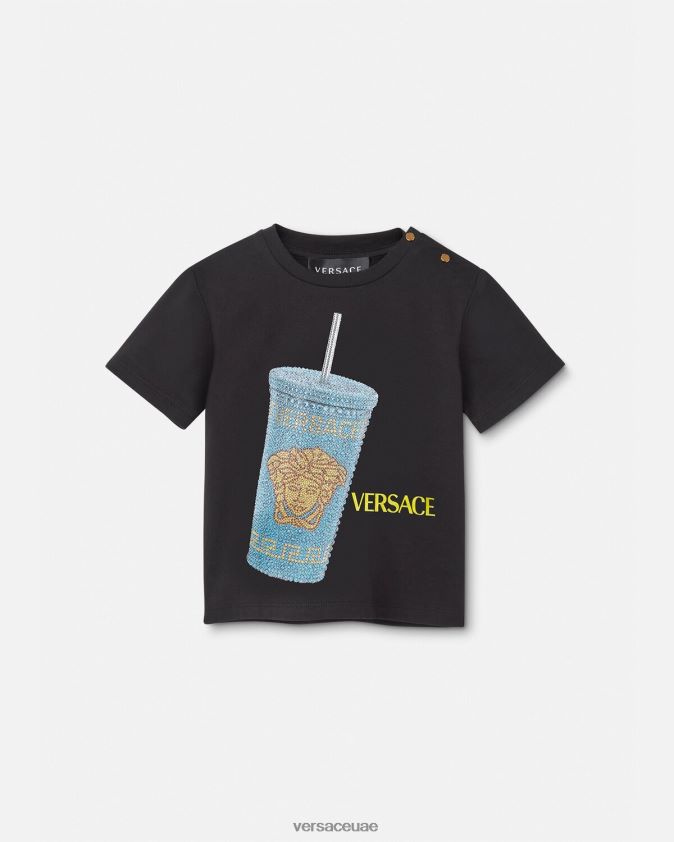 أطفال تي شيرت للأطفال على شكل كوب سفر Versace أسود وطباعة 0FVD2J1925 ملابس