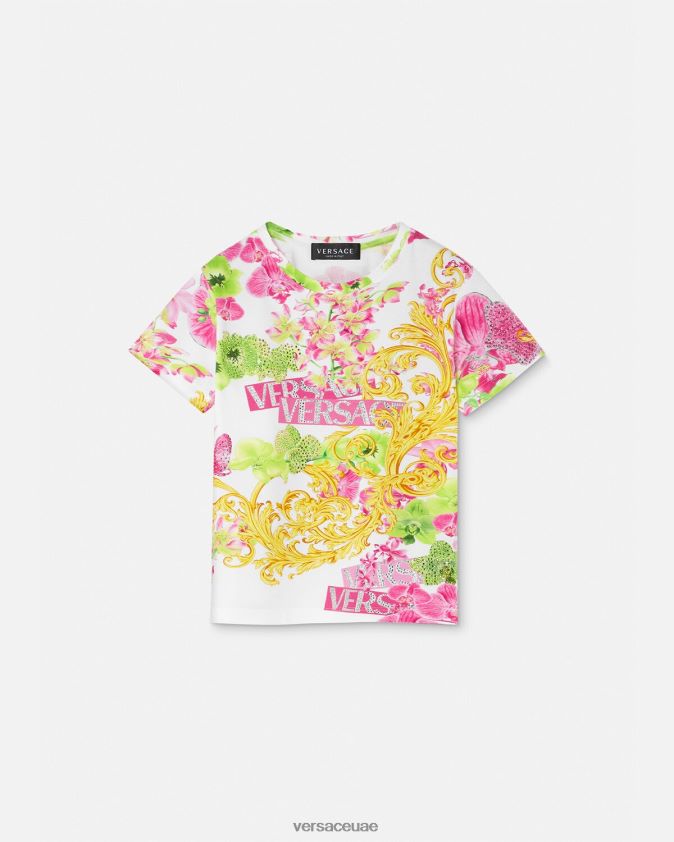 أطفال شعار الأوركيد تي شيرت Versace الأبيض والطباعة 0FVD2J1970 ملابس