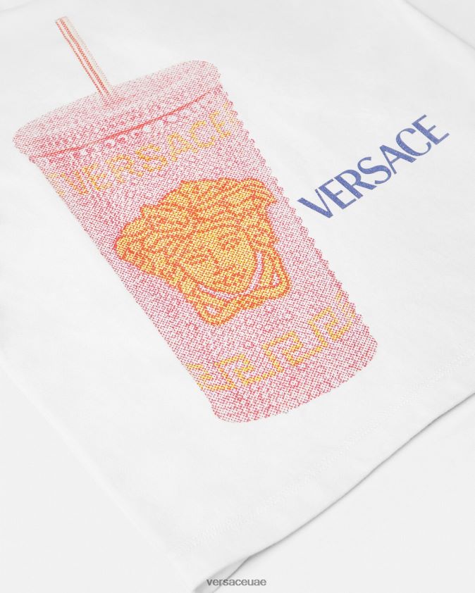 أطفال تي شيرت بشعار كوب السفر Versace الأبيض والطباعة 0FVD2J2018 ملابس