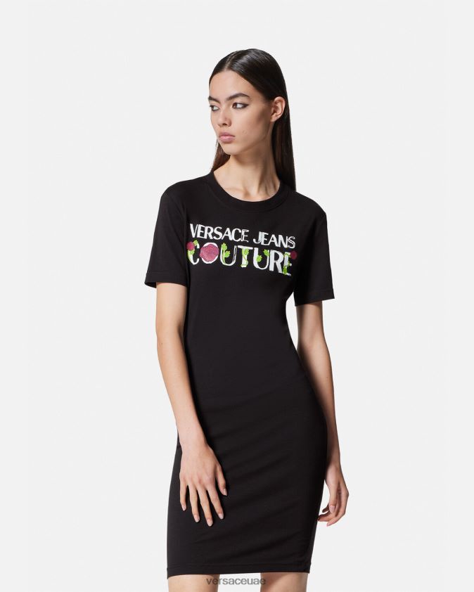 نحيف فستان تي شيرت بشعار الورود Versace أسود 0FVD2J2157 ملابس