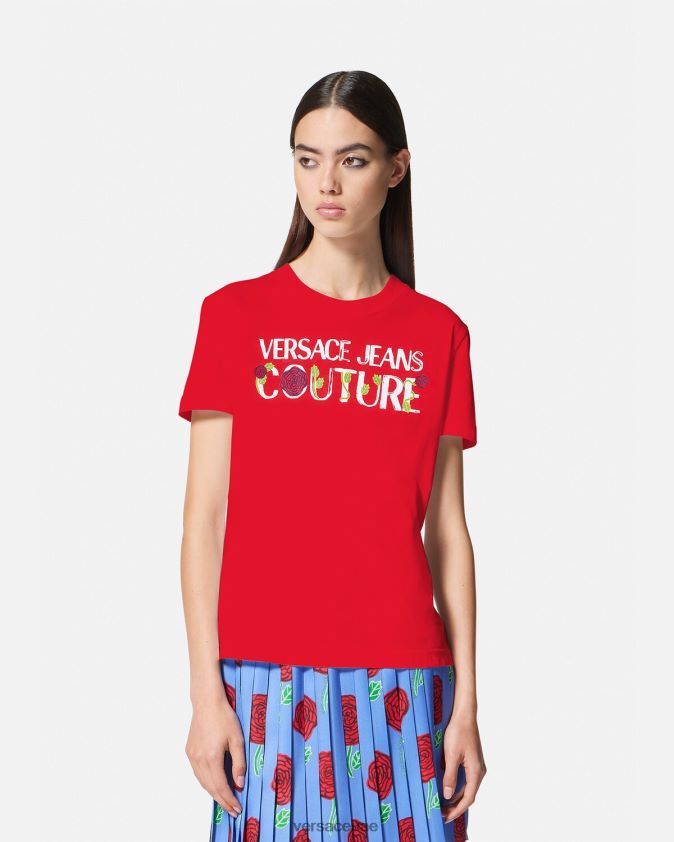 نحيف تي شيرت بشعار الورود Versace البرتقالي 0FVD2J2168 ملابس