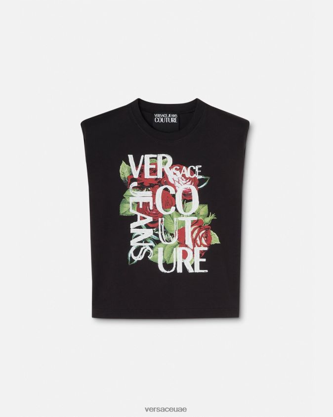 نحيف تي شيرت بشعار الورود Versace أسود 0FVD2J2174 ملابس