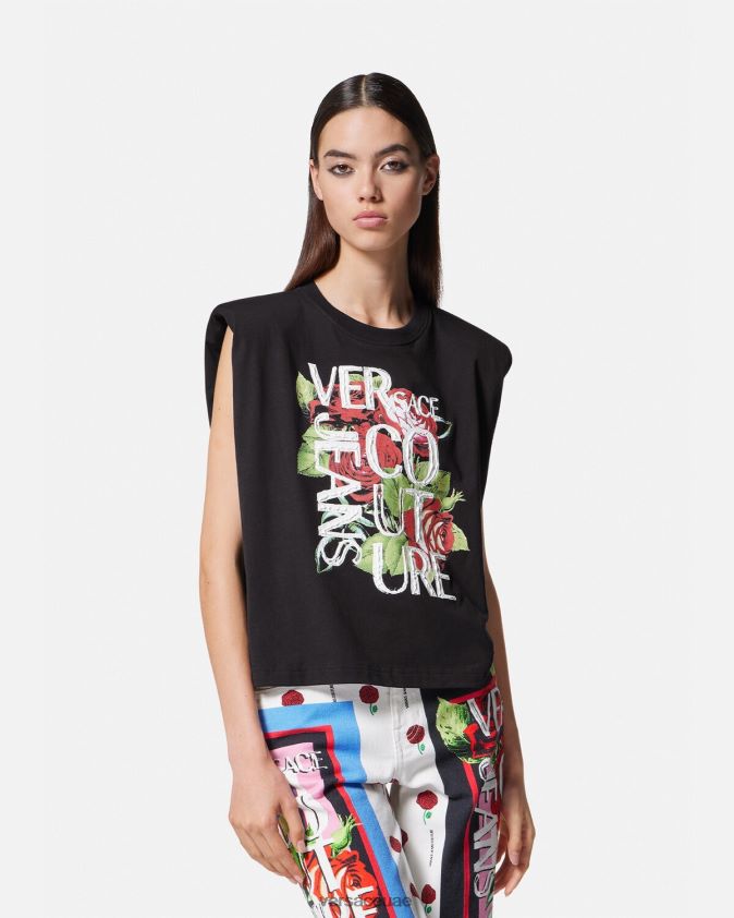نحيف تي شيرت بشعار الورود Versace أسود 0FVD2J2174 ملابس