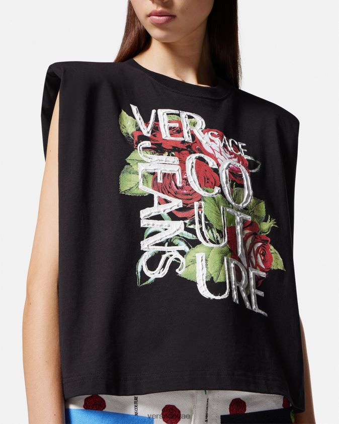 نحيف تي شيرت بشعار الورود Versace أسود 0FVD2J2174 ملابس