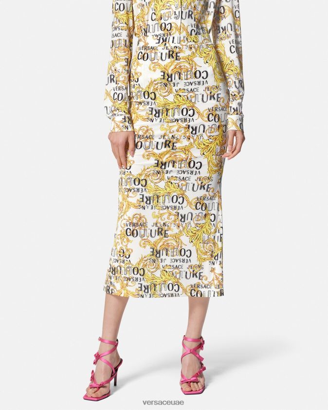 نحيف تنورة ميدي بشعار الماركة Versace الذهب والأبيض 0FVD2J2251 ملابس