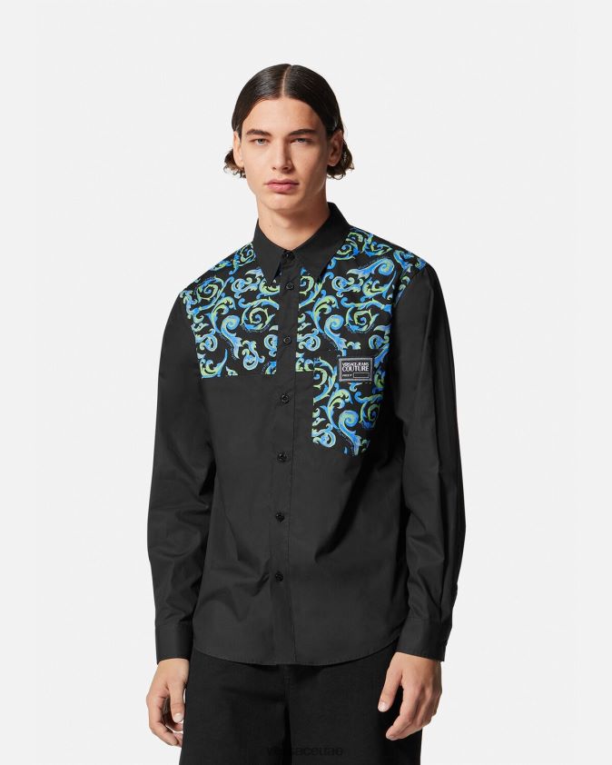 رجال رسم قميص كوتور Versace أبيض وأسود 0FVD2J2375 ملابس