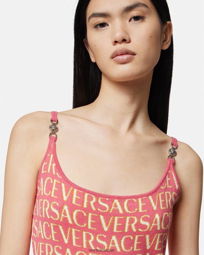 نحيف فستان ميدي متماسك بالكامل Versace الوردي والأبيض 0FVD2J24 ملابس