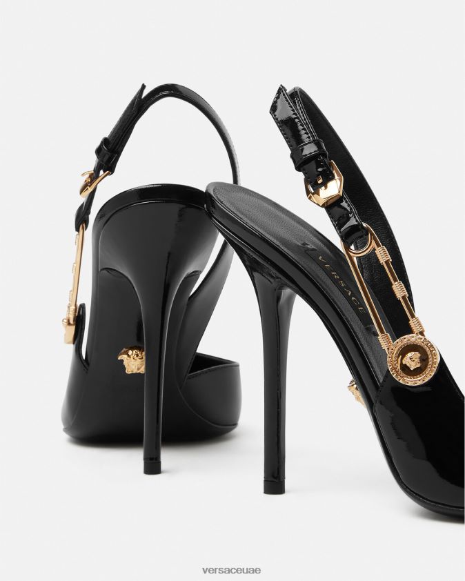 نحيف حذاء بكعب من الجلد اللامع مزود بدبوس أمان Versace أسود 0FVD2J490 حذاء