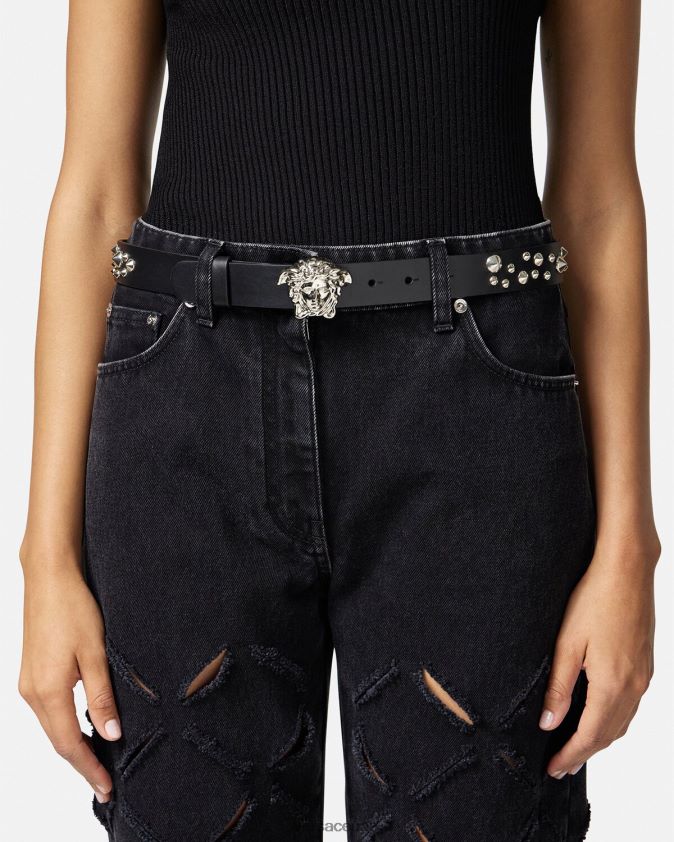 نحيف حزام جلد لا ميدوسا مسنن Versace أسود 0FVD2J545 مُكَمِّلات