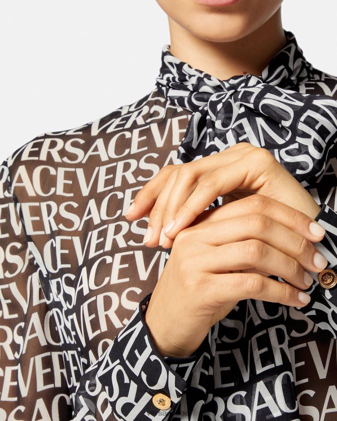 نحيف فستان قميص ميدي بالكامل Versace أسود وطباعة 0FVD2J55 ملابس