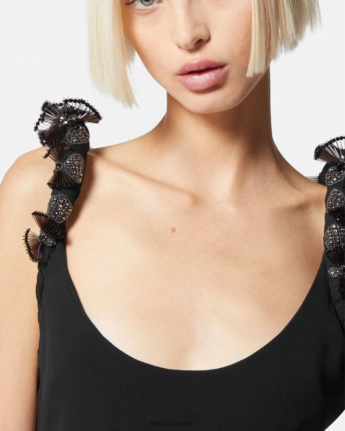 نحيف فستان ميدي حرير مزين بلف Versace أسود 0FVD2J62 ملابس