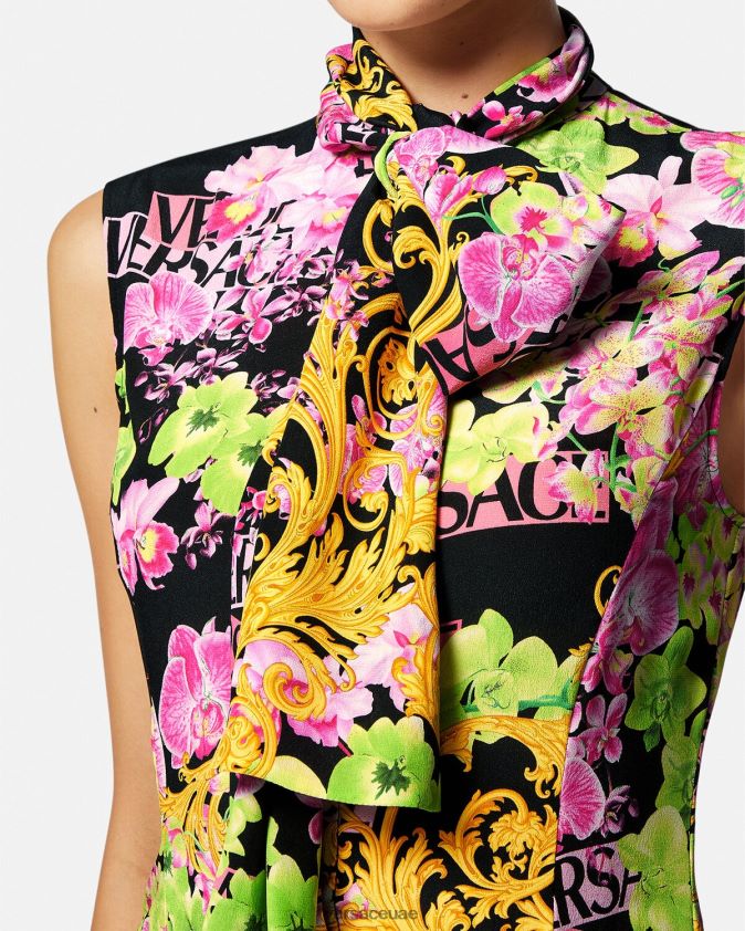 نحيف فستان قميص ميدي بشعار الأوركيد Versace أسود وطباعة 0FVD2J69 ملابس