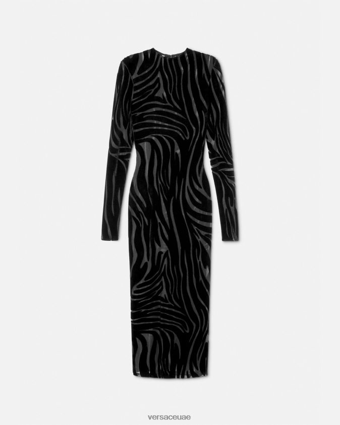 نحيف فستان زيبرا المخملي ميدي Versace أسود 0FVD2J72 ملابس